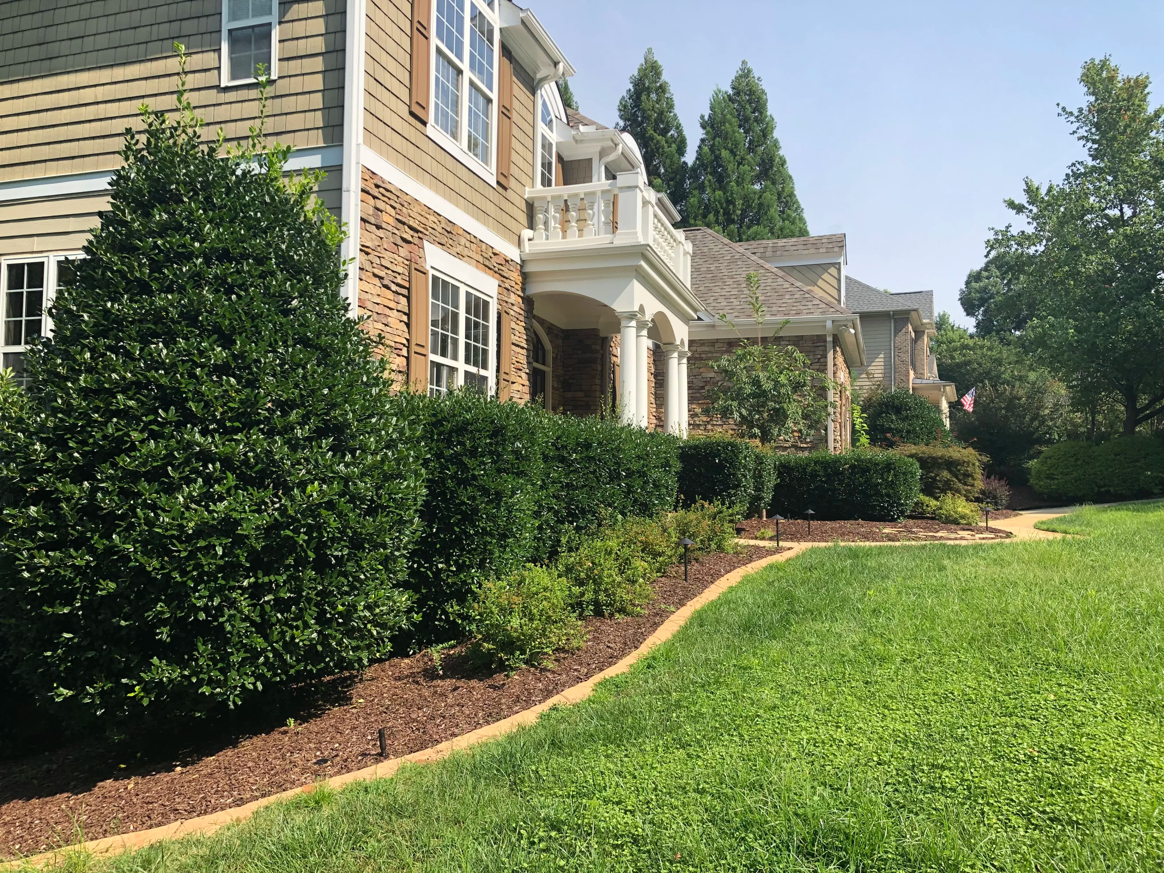 Beautiful home with landscaped garden featuring shrubs, hedges, and a grassy lawn.